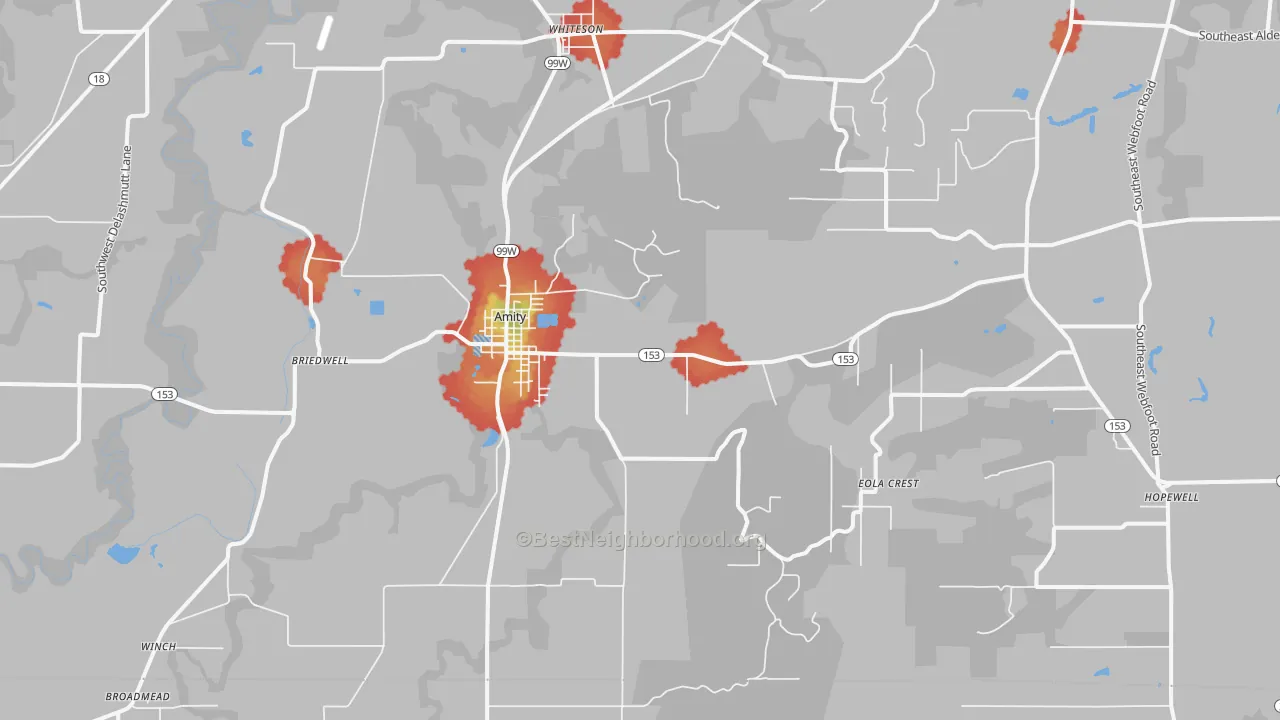 Walk Grade map of Amity, OR, walkable areas in green and car-dependent areas in red