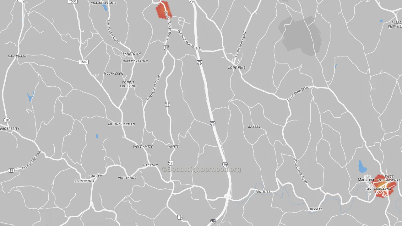 Walk Grade map of Amity, PA, walkable areas in green and car-dependent areas in red