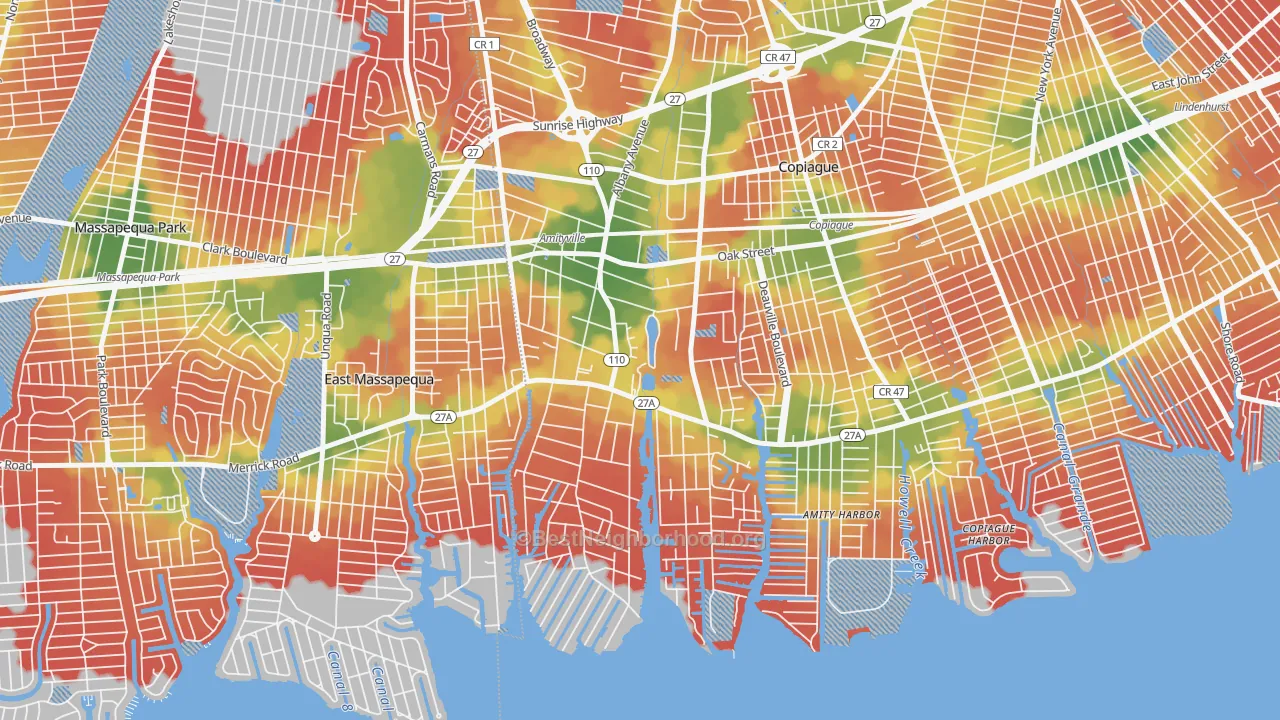 Walk Grade map of Amityville, NY, walkable areas in green and car-dependent areas in red