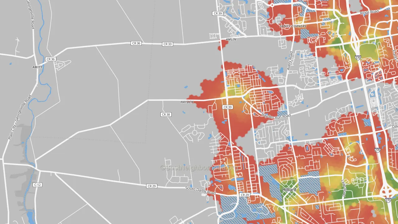 Walk Grade map of Amlin, OH, walkable areas in green and car-dependent areas in red