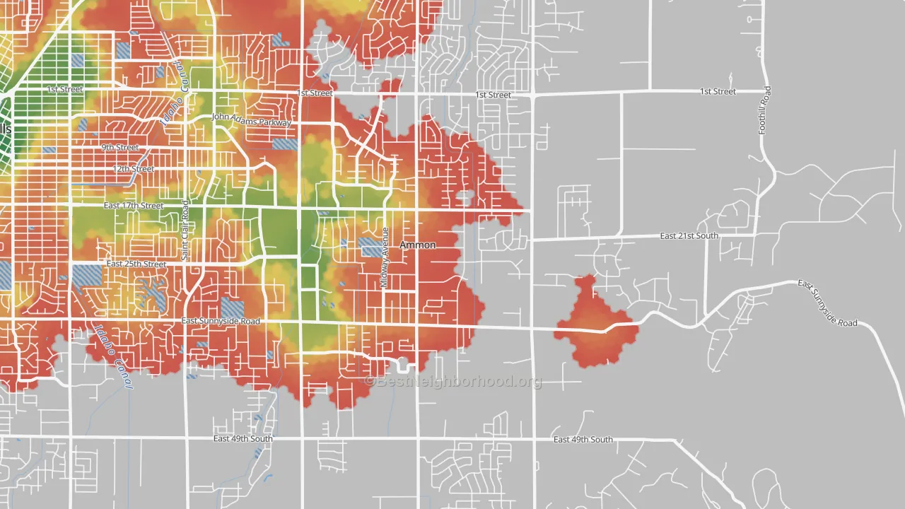 Walk Grade map of Ammon, ID, walkable areas in green and car-dependent areas in red