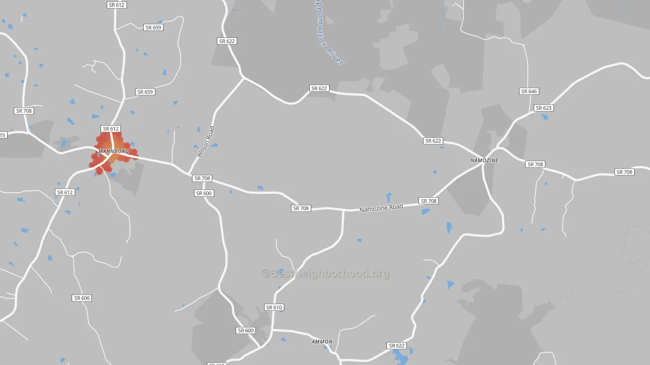 Walk Grade map of Ammon, VA, walkable areas in green and car-dependent areas in red