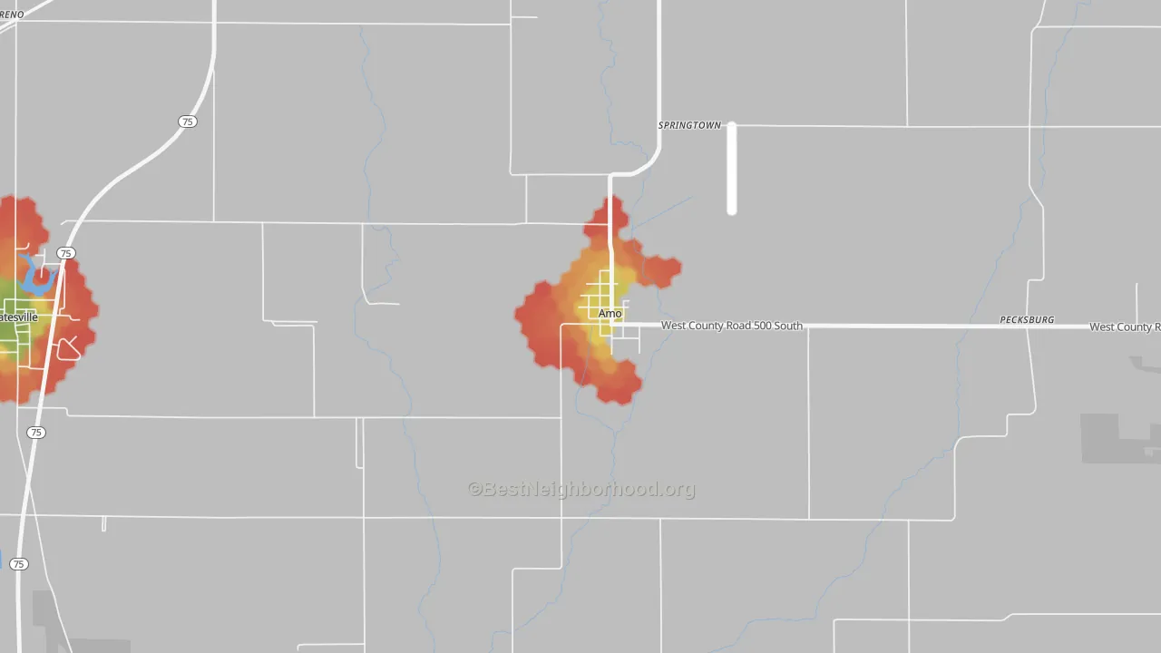 Walk Grade map of Amo, IN, walkable areas in green and car-dependent areas in red