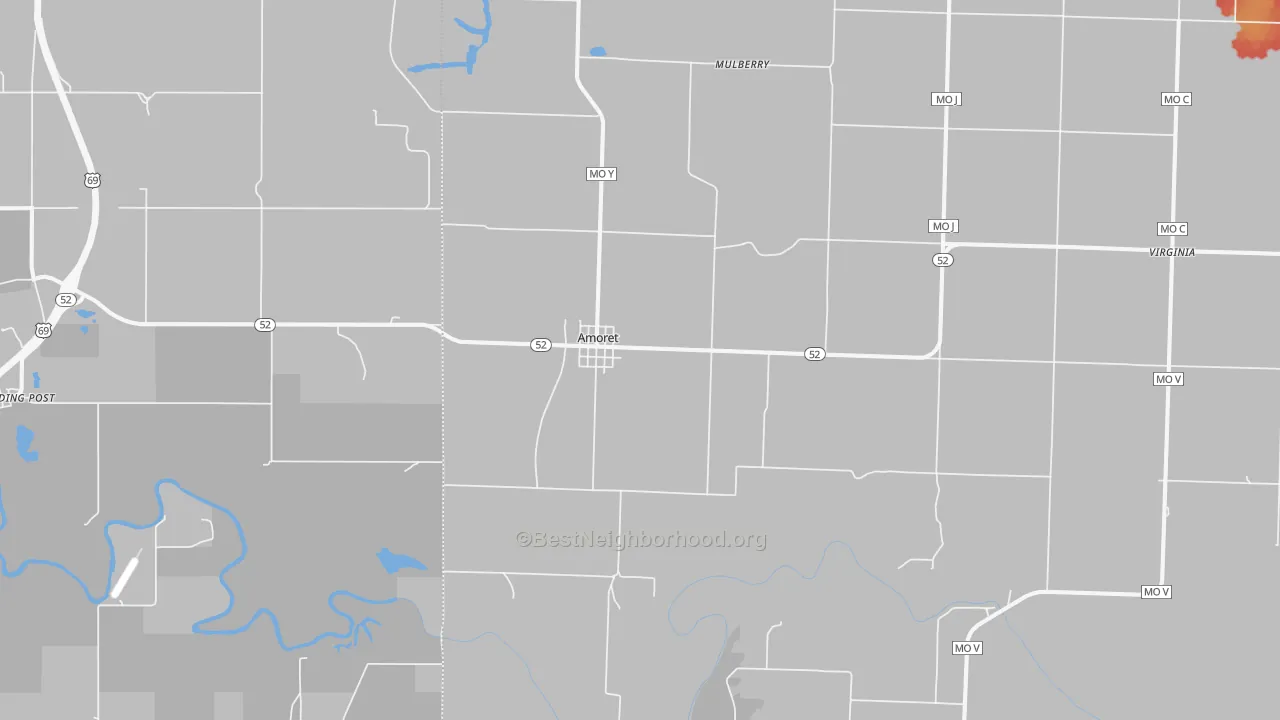 Walk Grade map of Amoret, MO, walkable areas in green and car-dependent areas in red