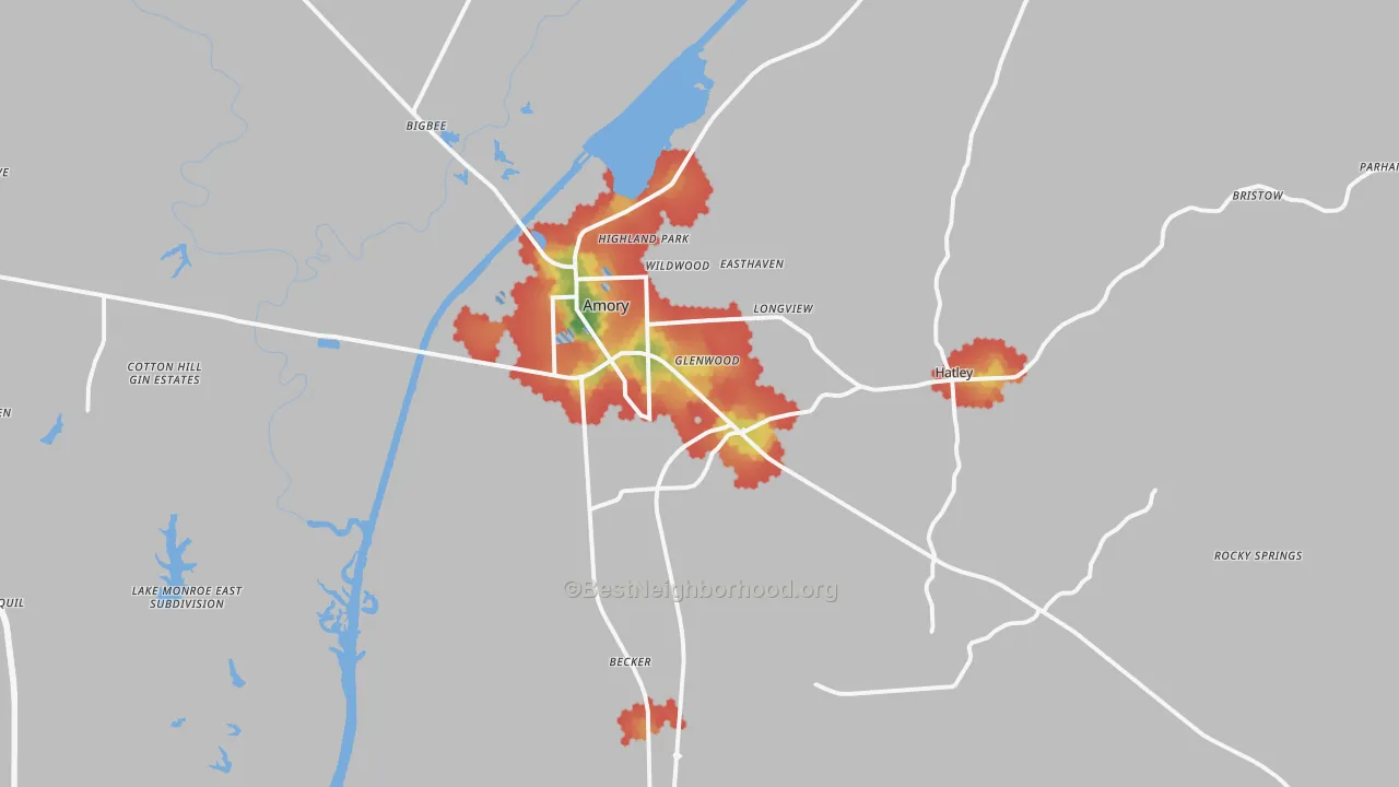 Walk Grade map of Amory, MS, walkable areas in green and car-dependent areas in red