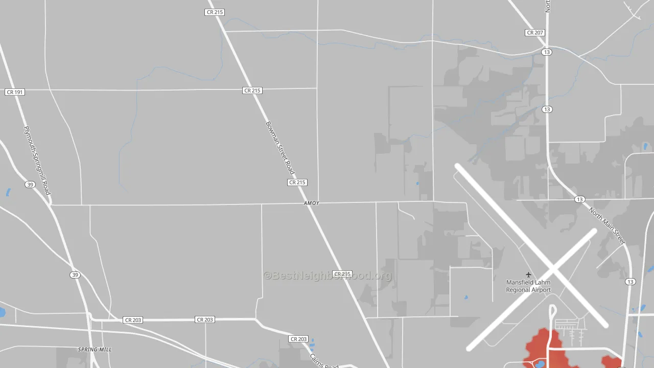 Walk Grade map of Amoy, OH, walkable areas in green and car-dependent areas in red