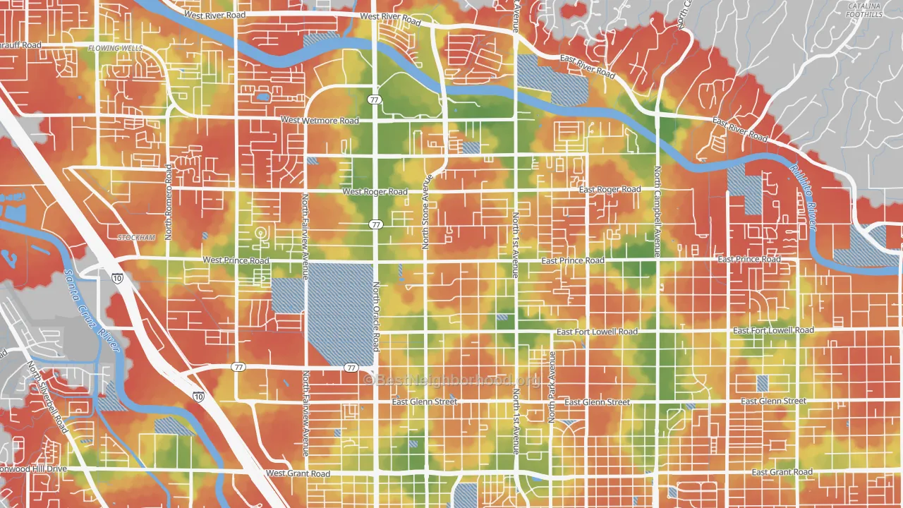 Walk Grade map of Amphi, Tucson, AZ, walkable areas in green and car-dependent areas in red