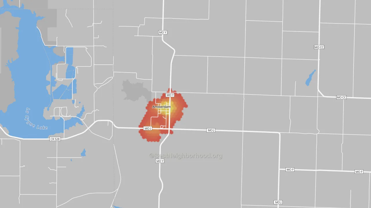 Walk Grade map of Amsterdam, MO, walkable areas in green and car-dependent areas in red
