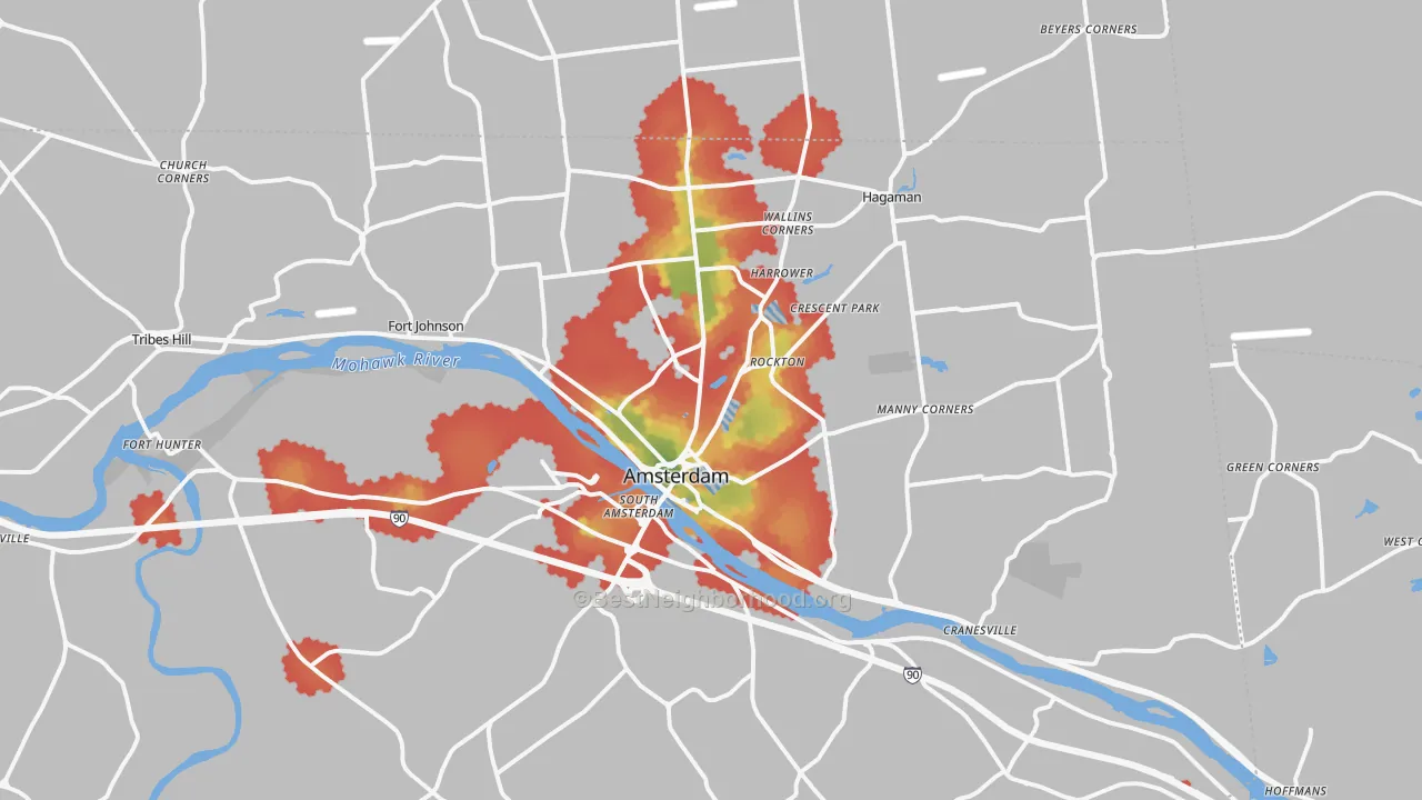 Walk Grade map of Amsterdam, NY, walkable areas in green and car-dependent areas in red