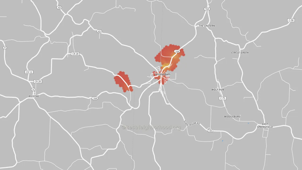 Walk Grade map of Amsterdam, OH, walkable areas in green and car-dependent areas in red