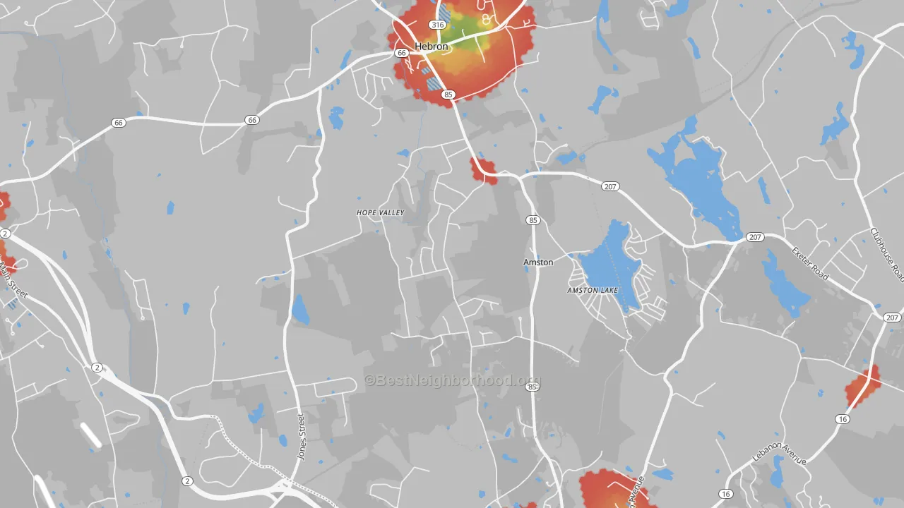 Walk Grade map of Amston, CT, walkable areas in green and car-dependent areas in red
