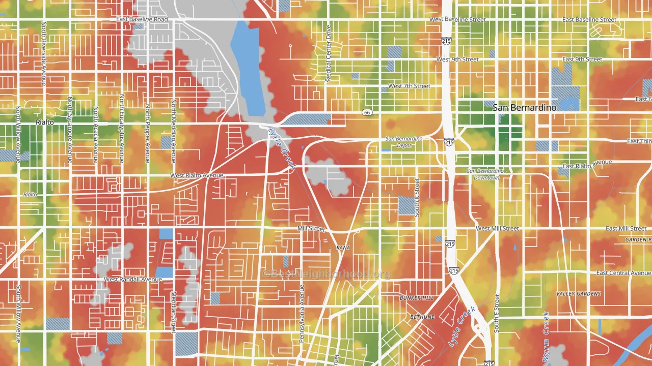 Walk Grade map of Amtrak, San Bernardino, CA, walkable areas in green and car-dependent areas in red