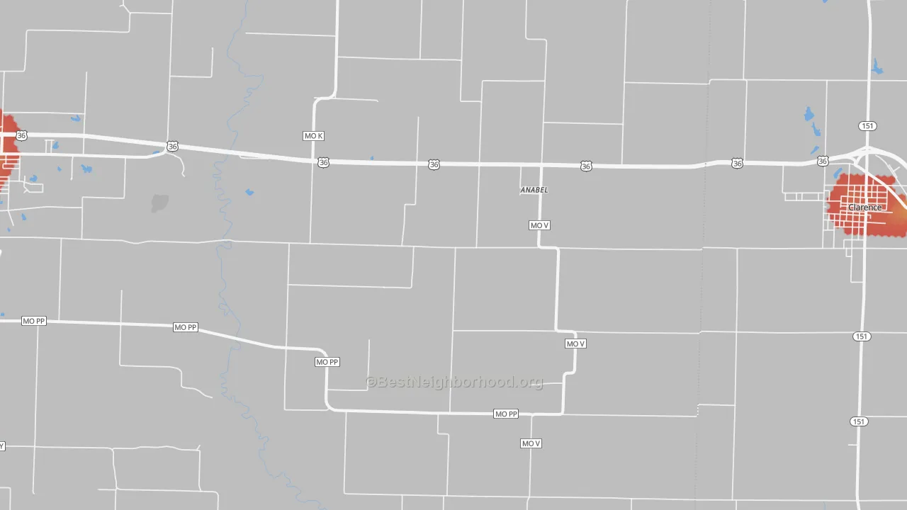 Walk Grade map of Anabel, MO, walkable areas in green and car-dependent areas in red