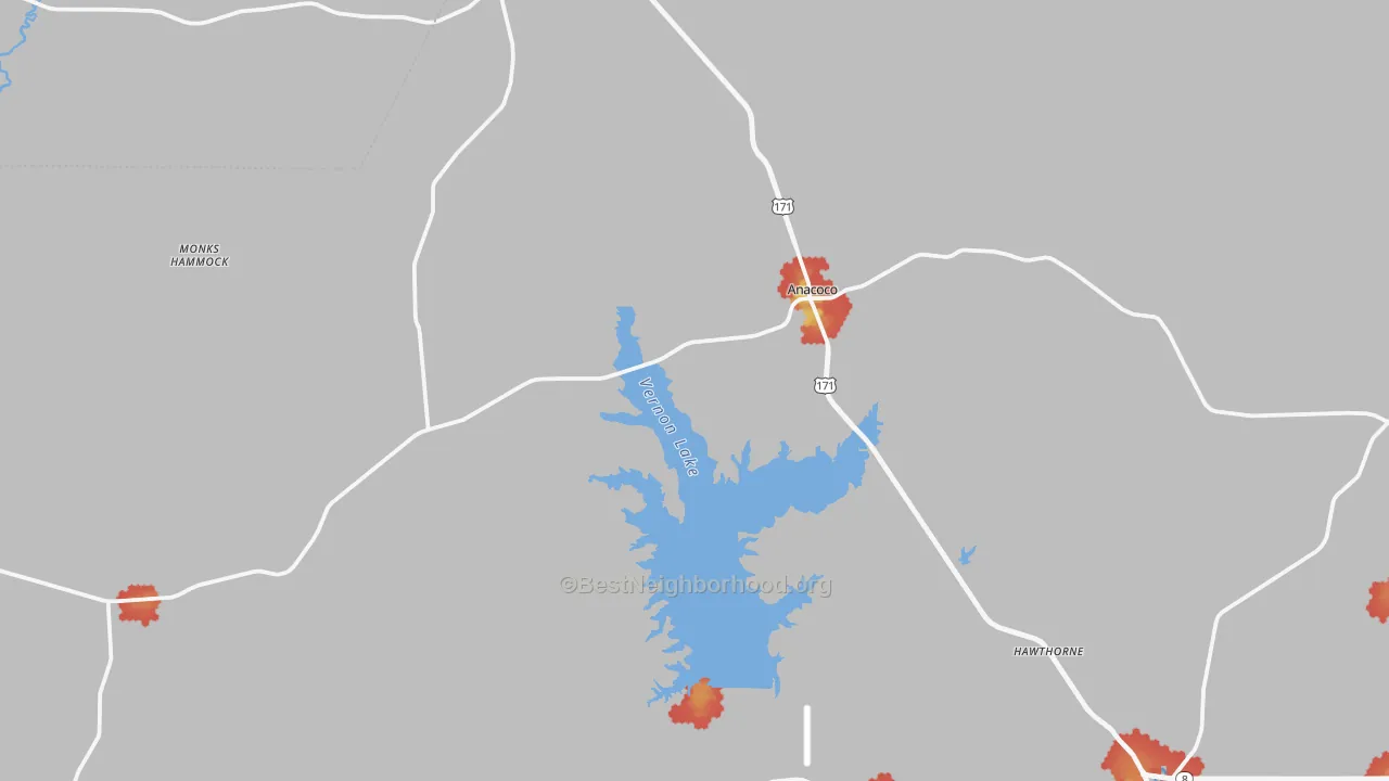 Walk Grade map of Anacoco, LA, walkable areas in green and car-dependent areas in red