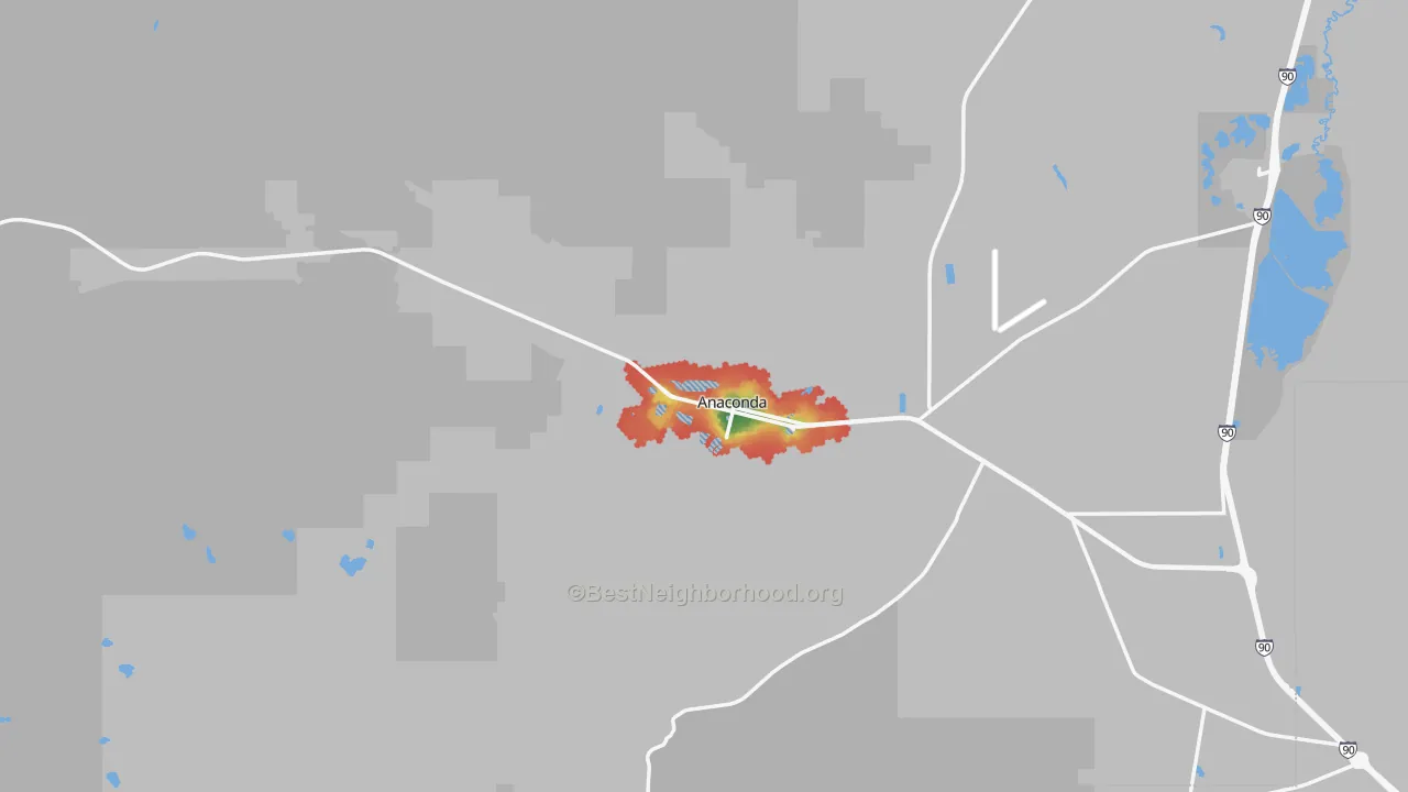 Walk Grade map of Anaconda, MT, walkable areas in green and car-dependent areas in red