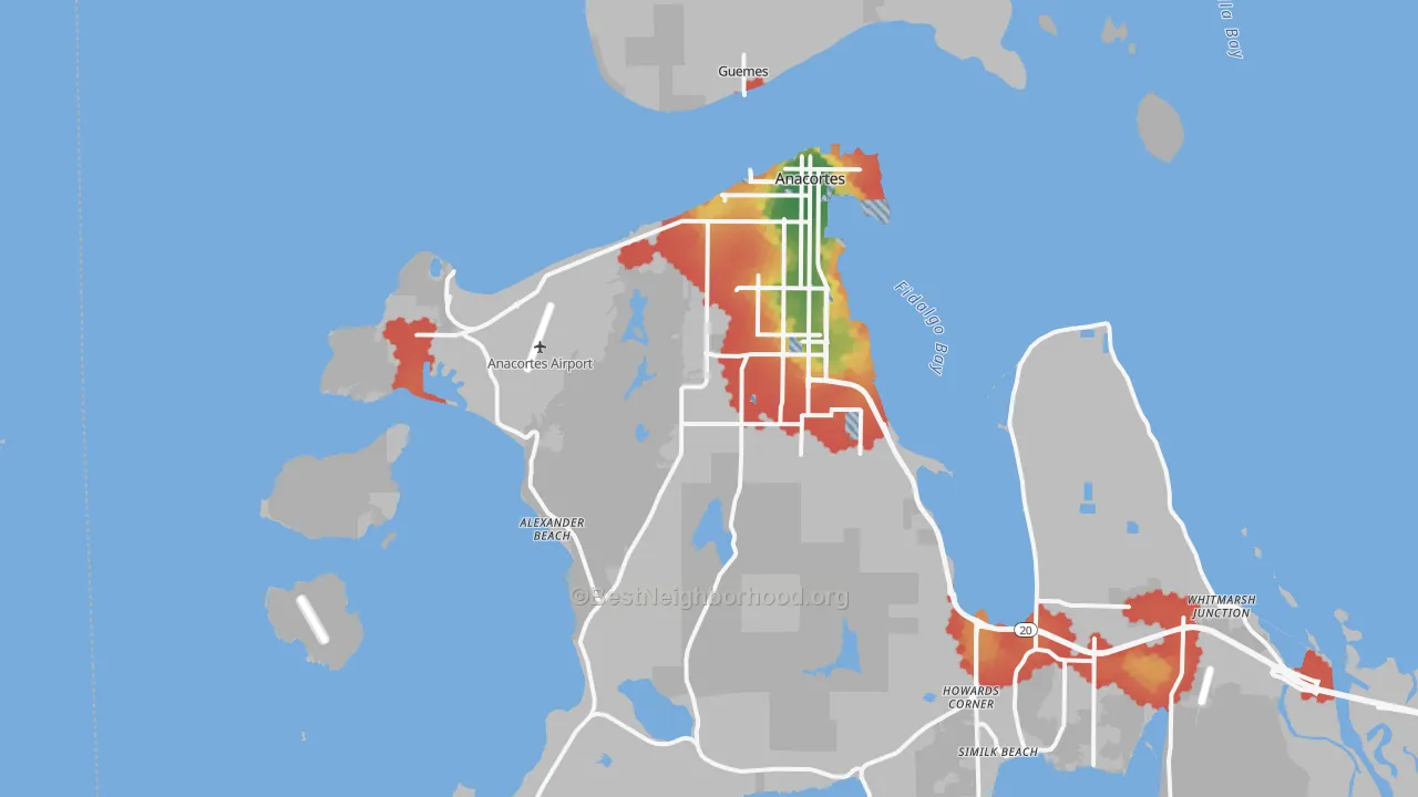 Walk Grade map of Anacortes, WA, walkable areas in green and car-dependent areas in red