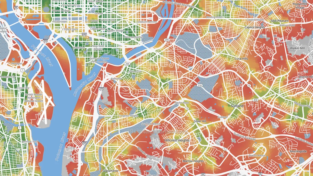 Walk Grade map of Anacostia, Washington, DC, walkable areas in green and car-dependent areas in red