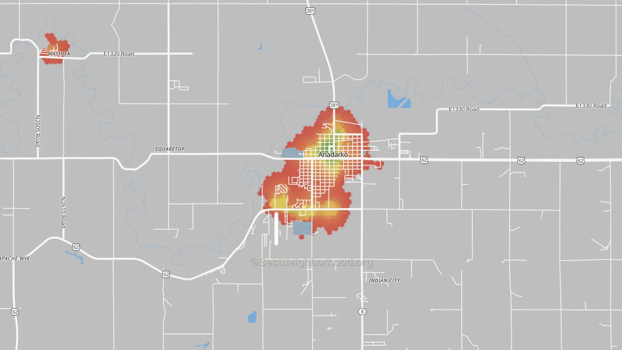 Walk Grade map of Anadarko, OK, walkable areas in green and car-dependent areas in red
