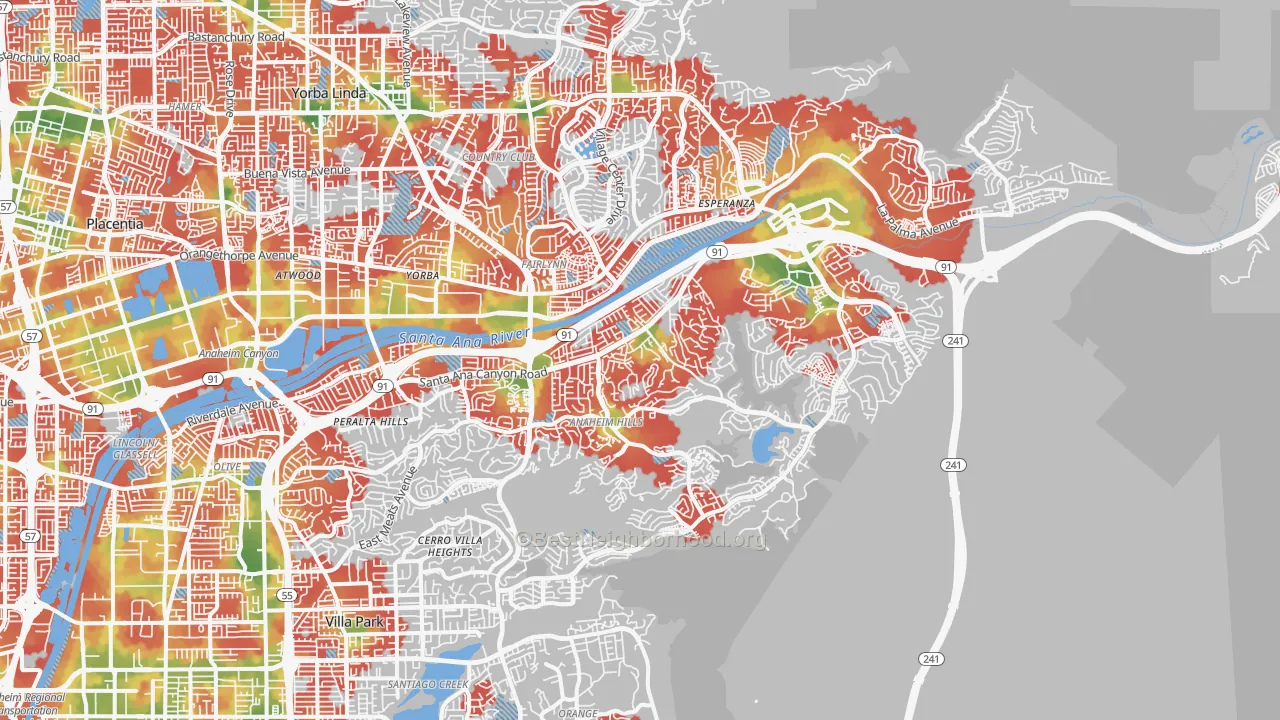 Walk Grade map of Anaheim Hills, Anaheim, CA, walkable areas in green and car-dependent areas in red