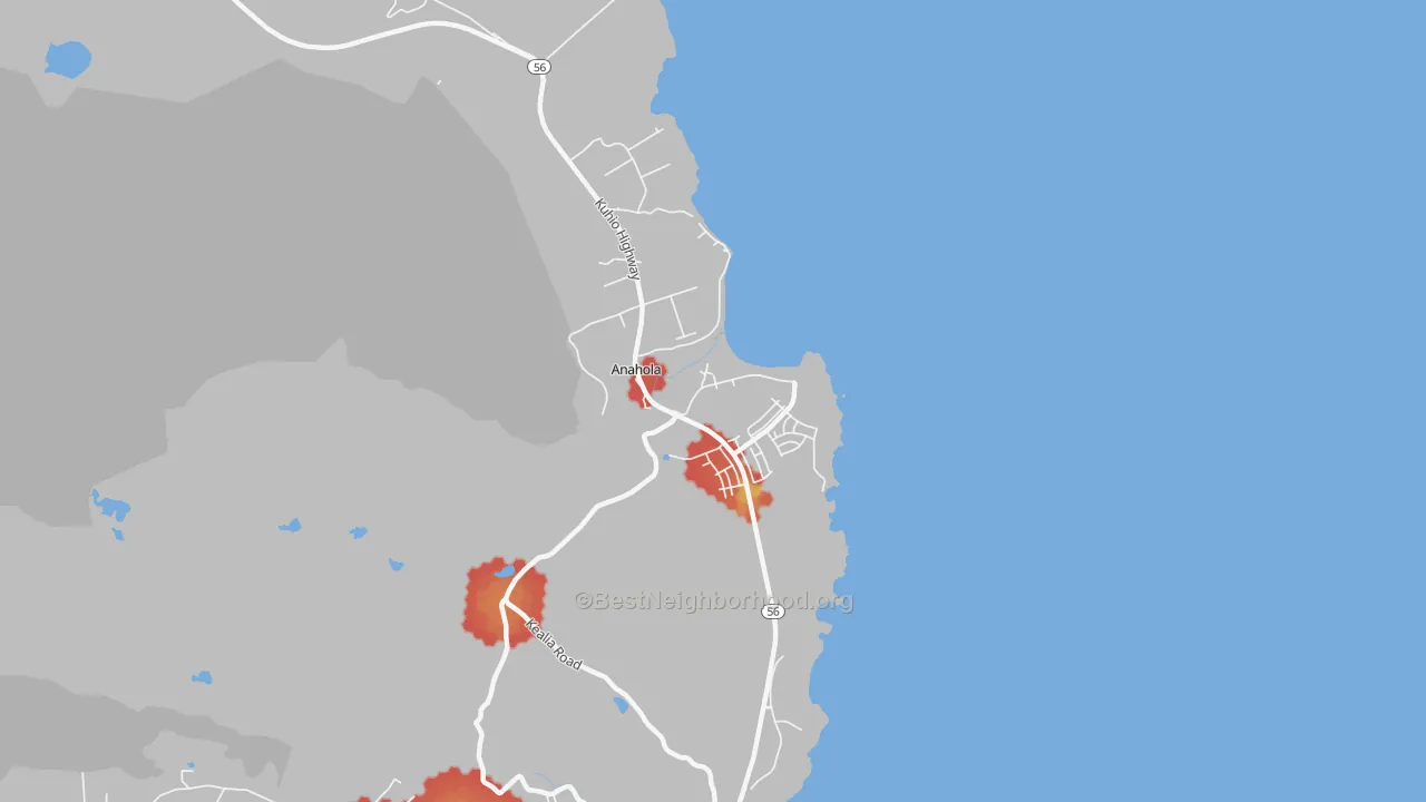 Walk Grade map of Anahola, HI, walkable areas in green and car-dependent areas in red