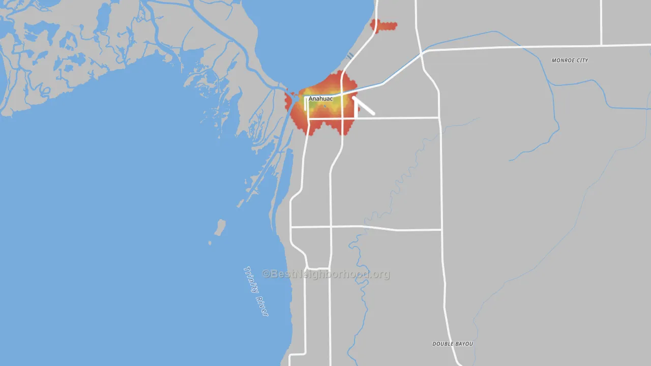 Walk Grade map of Anahuac, TX, walkable areas in green and car-dependent areas in red