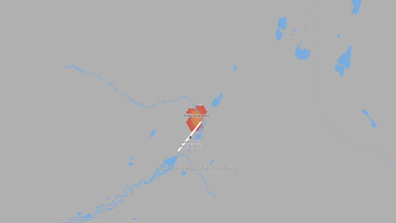 Walk Grade map of Anaktuvuk Pass, AK, walkable areas in green and car-dependent areas in red