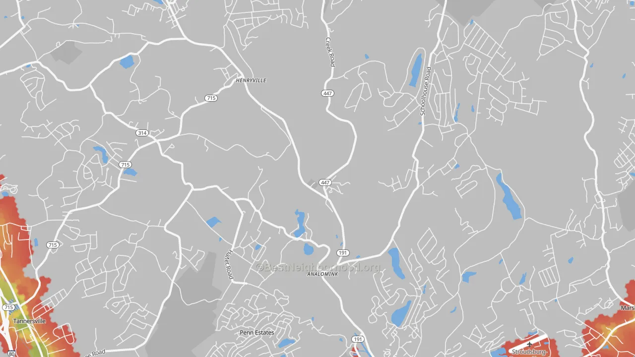 Walk Grade map of Analomink, PA, walkable areas in green and car-dependent areas in red