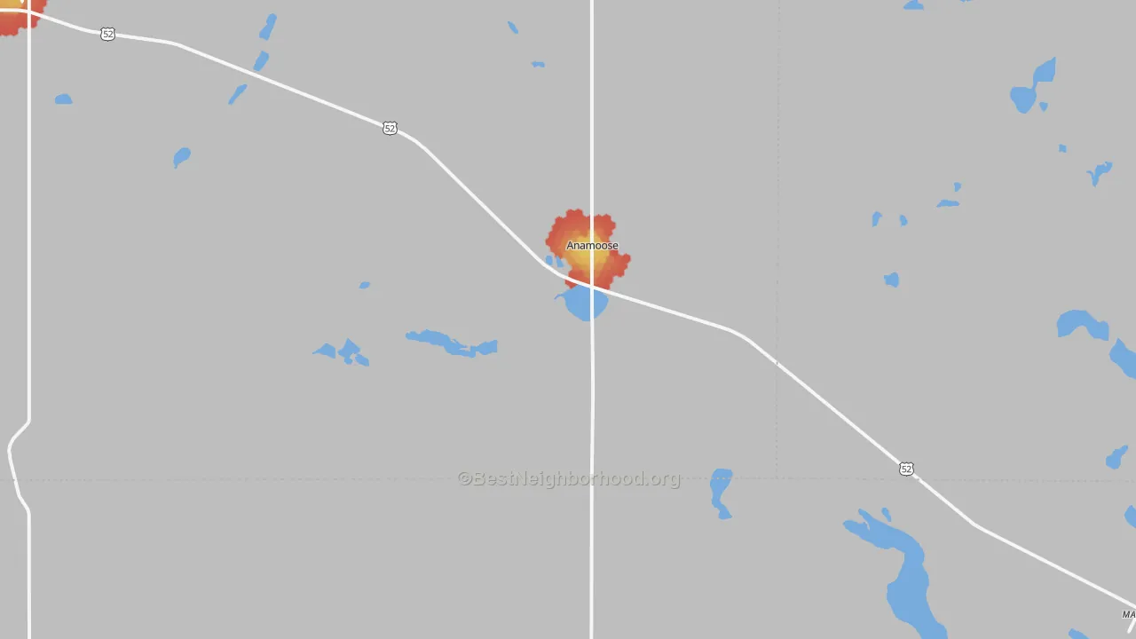 Walk Grade map of Anamoose, ND, walkable areas in green and car-dependent areas in red