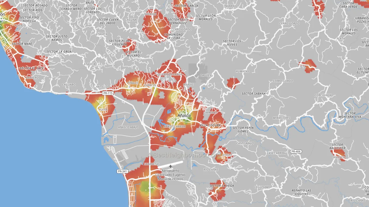 Walk Grade map of Anasco Municipio, PR, walkable areas in green and car-dependent areas in red