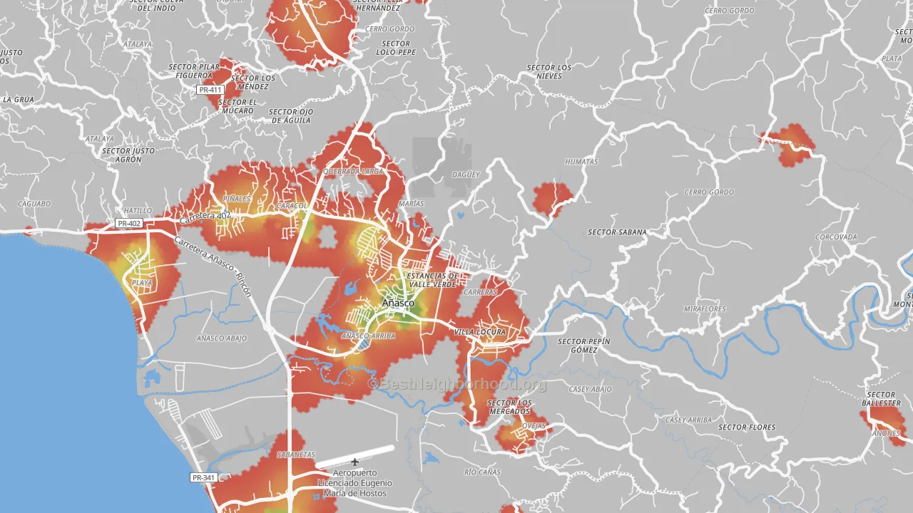 Walk Grade map of Anasco, PR, walkable areas in green and car-dependent areas in red