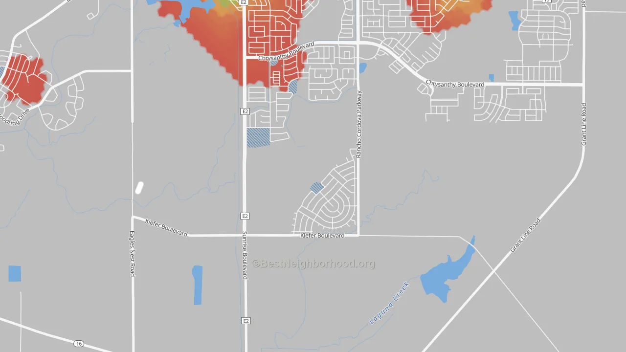 Walk Grade map of Anatolia Village, Rancho Cordova, CA, walkable areas in green and car-dependent areas in red