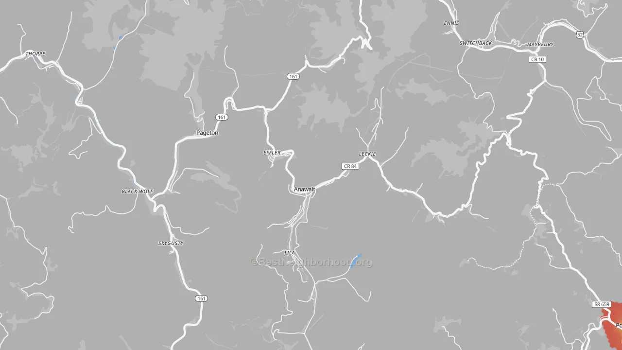 Walk Grade map of Anawalt, WV, walkable areas in green and car-dependent areas in red