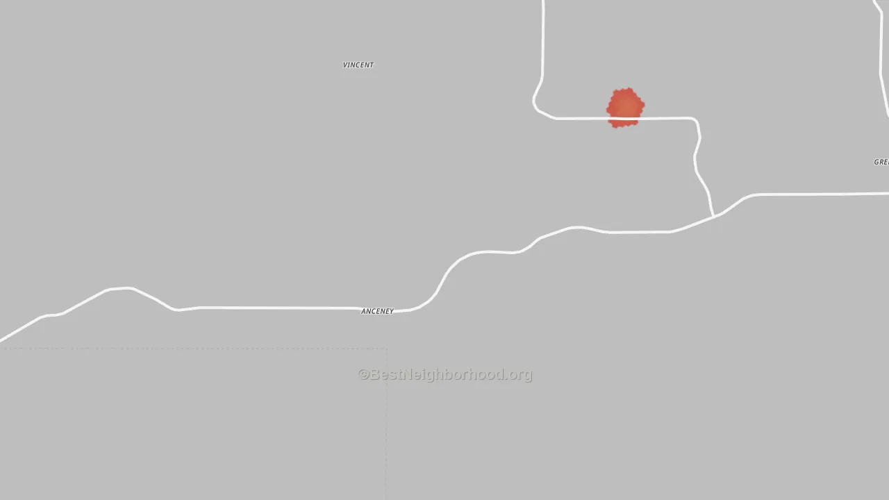 Walk Grade map of Anceney, MT, walkable areas in green and car-dependent areas in red