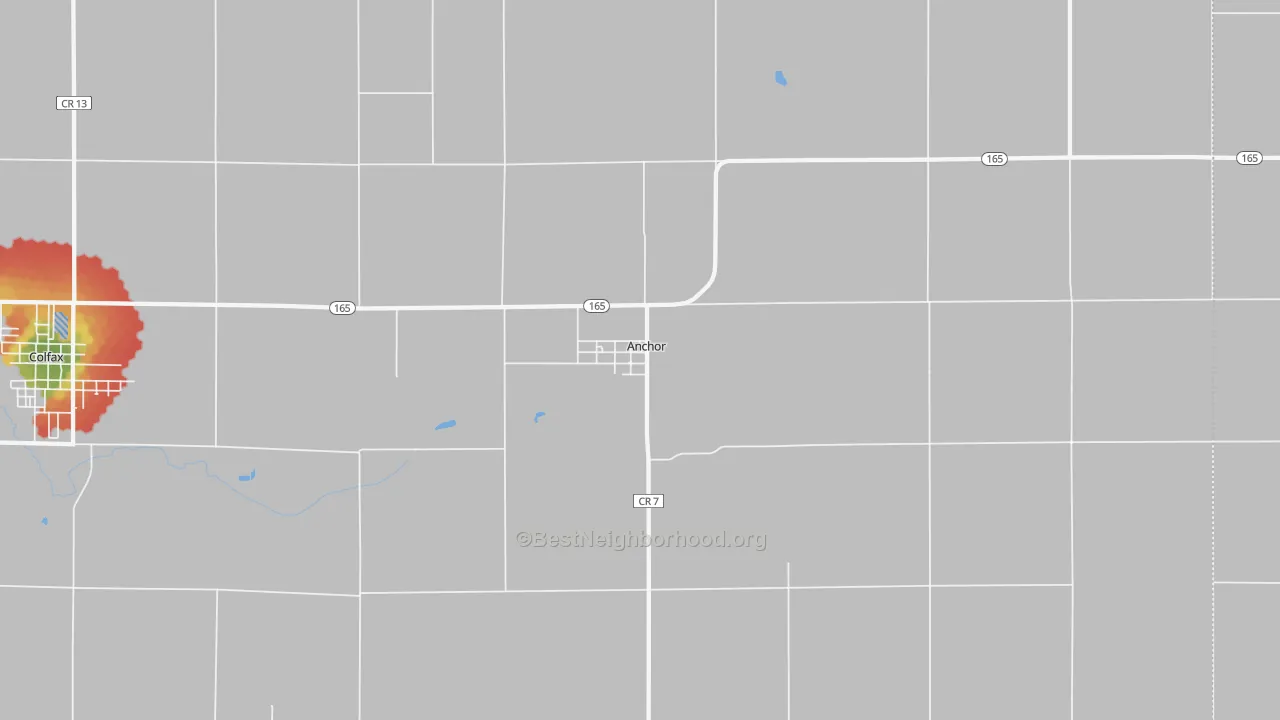 Walk Grade map of Anchor, IL, walkable areas in green and car-dependent areas in red