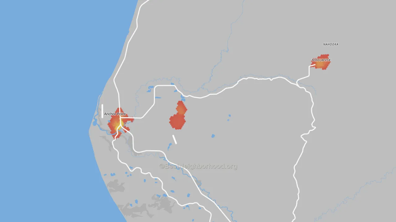 Walk Grade map of Anchor Point, AK, walkable areas in green and car-dependent areas in red