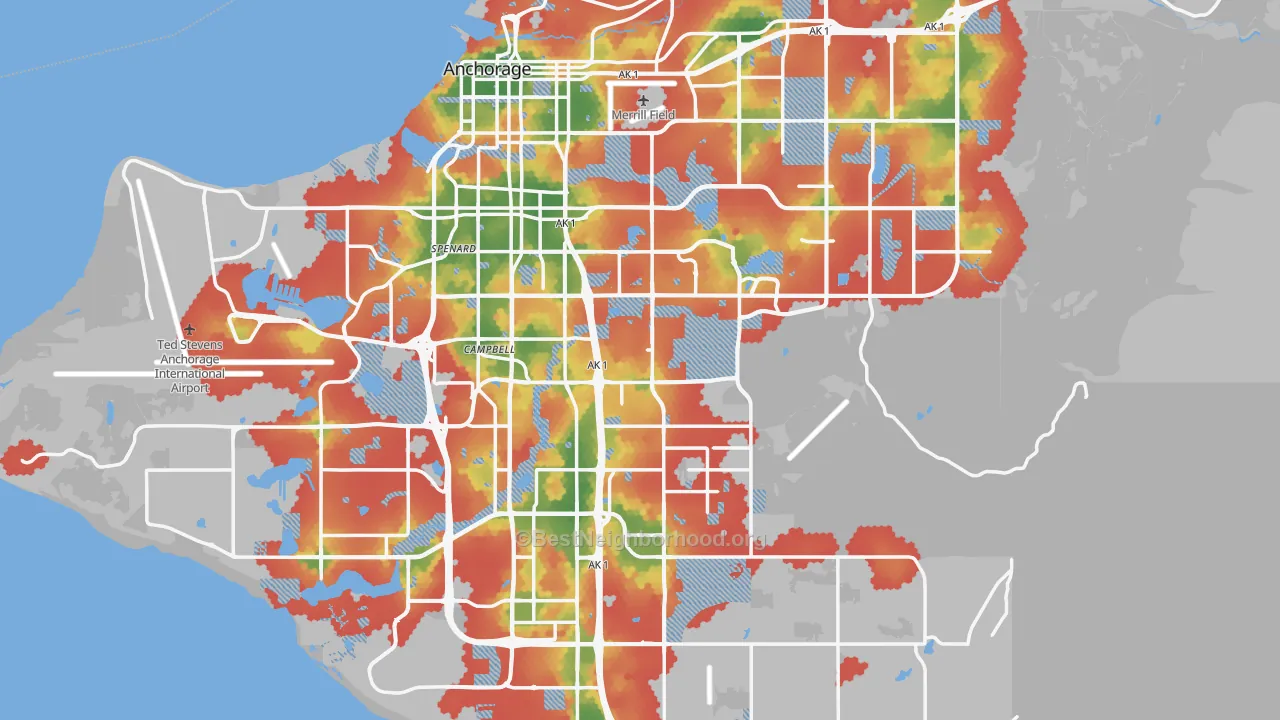 Walk Grade map of Anchorage, AK, walkable areas in green and car-dependent areas in red