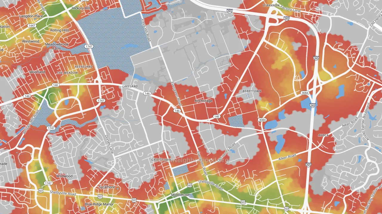 Walk Grade map of Anchorage, KY, walkable areas in green and car-dependent areas in red