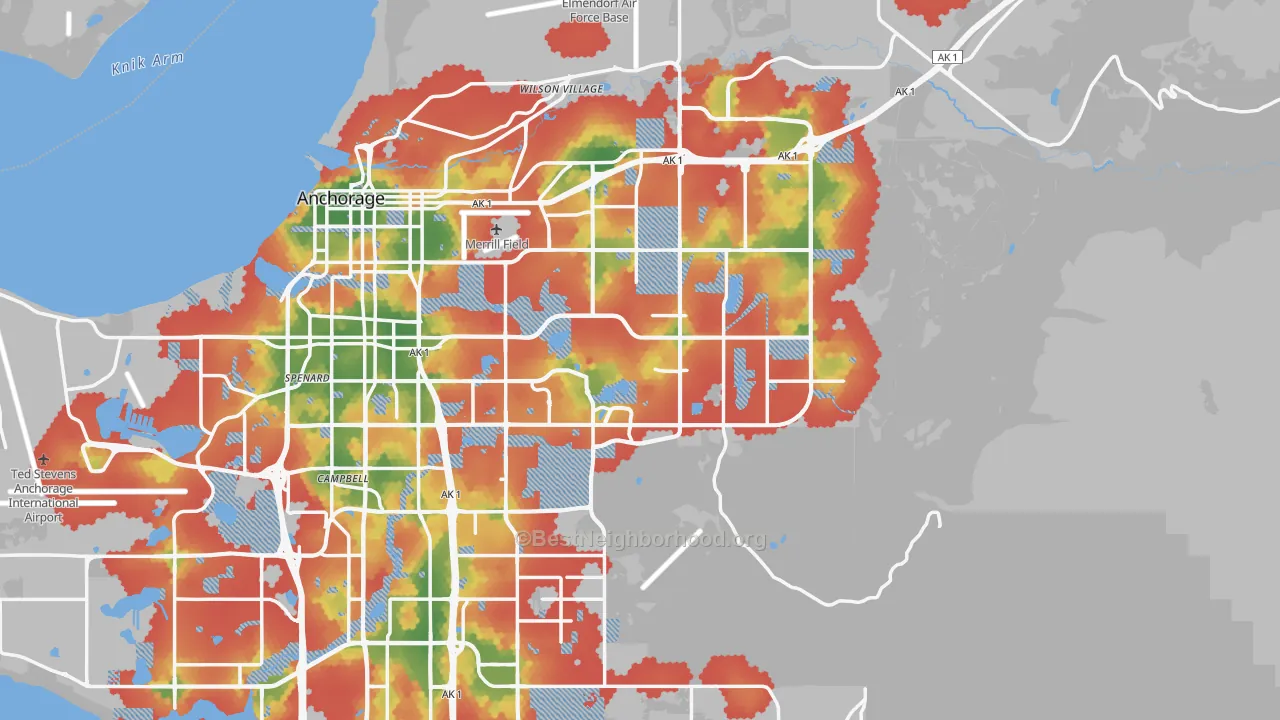 Walk Grade map of Anchorage Municipality, AK, walkable areas in green and car-dependent areas in red