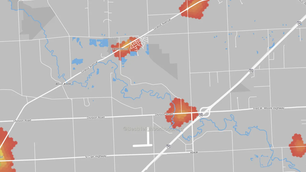 Walk Grade map of Anchorville, MI, walkable areas in green and car-dependent areas in red