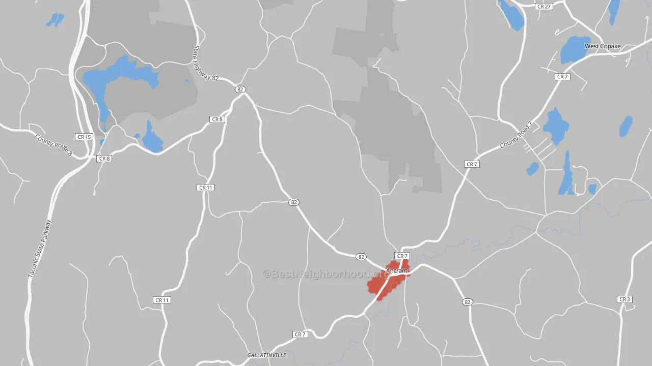 Walk Grade map of Ancram, NY, walkable areas in green and car-dependent areas in red