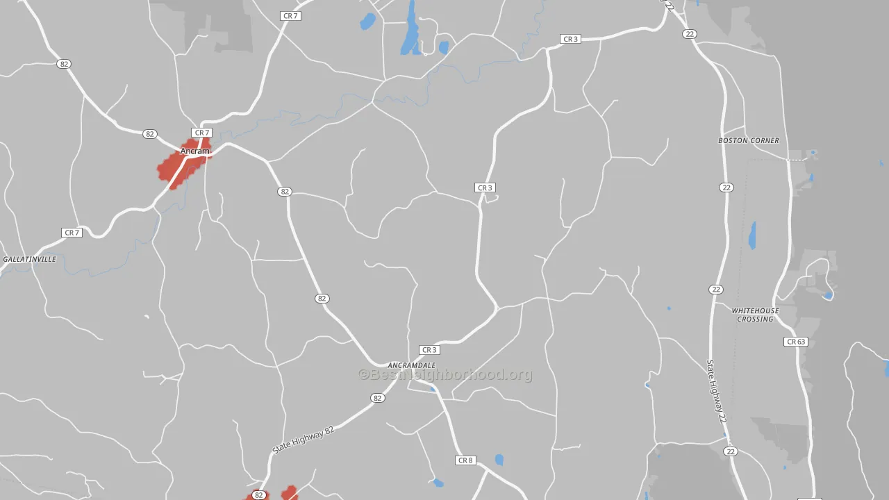 Walk Grade map of Ancramdale, NY, walkable areas in green and car-dependent areas in red