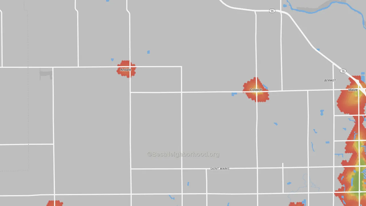 Walk Grade map of Andale, KS, walkable areas in green and car-dependent areas in red
