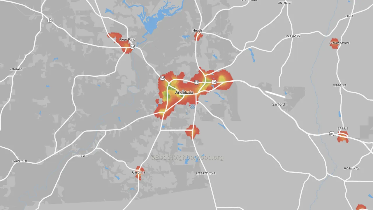 Walk Grade map of Andalusia, AL, walkable areas in green and car-dependent areas in red