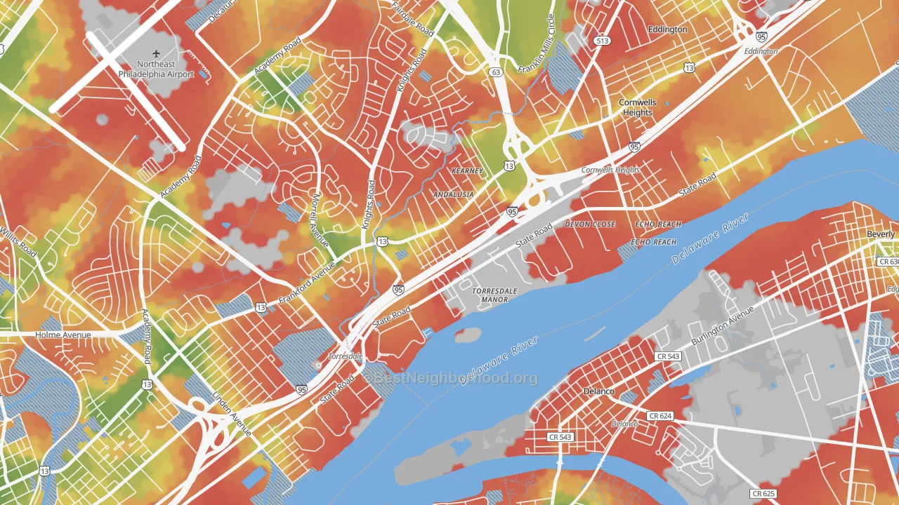 Walk Grade map of Andalusia, Bensalem, PA, walkable areas in green and car-dependent areas in red