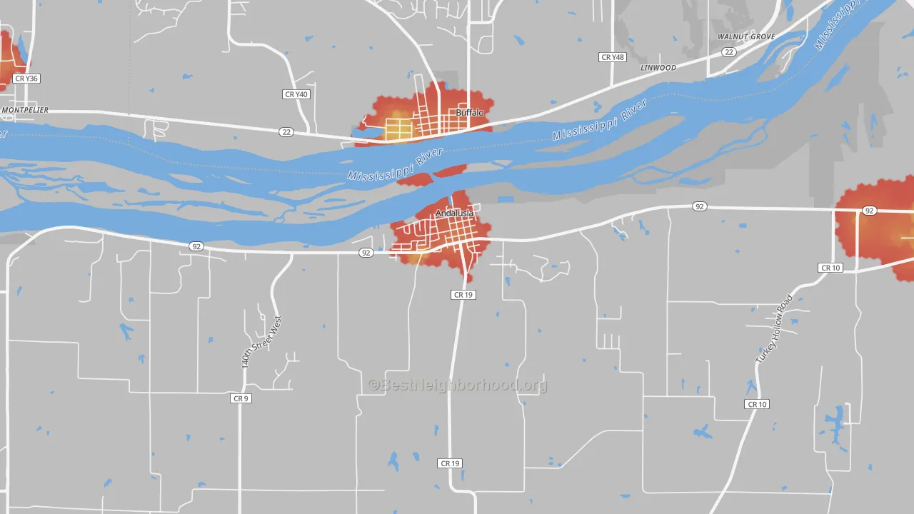 Walk Grade map of Andalusia, IL, walkable areas in green and car-dependent areas in red