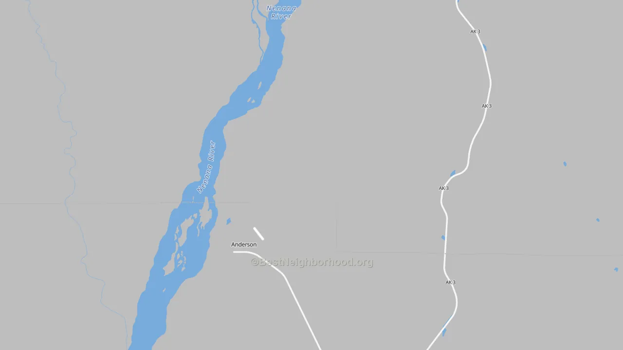 Walk Grade map of Anderson, AK, walkable areas in green and car-dependent areas in red