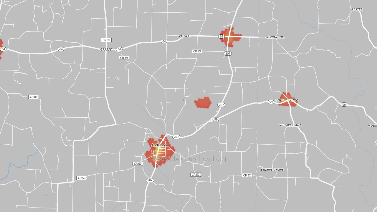 Walk Grade map of Anderson, AL, walkable areas in green and car-dependent areas in red