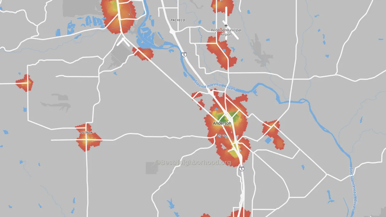 Walk Grade map of Anderson, CA, walkable areas in green and car-dependent areas in red