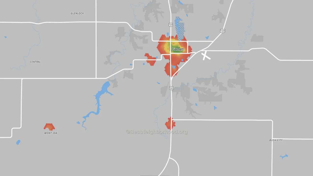 Walk Grade map of Anderson County, KS, walkable areas in green and car-dependent areas in red