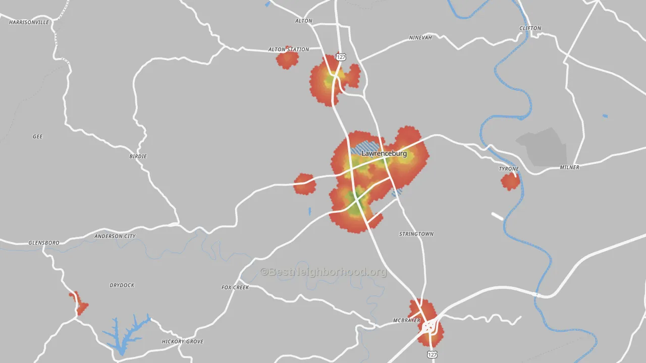 Walk Grade map of Anderson County, KY, walkable areas in green and car-dependent areas in red